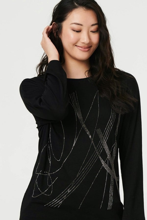 Black | Abstract Sparkly Long Sleeve Top
