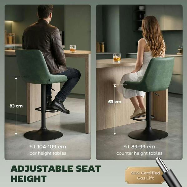 Green upholstered bar stool with back showing adjustable seat height and black base