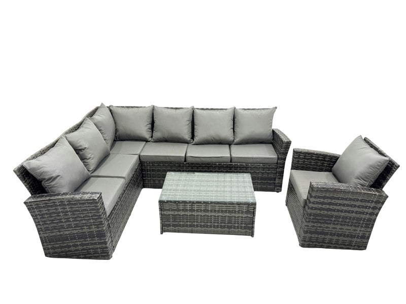 Fimous High Back Rattan Corner Sofa Set Oblong Coffee Table Outdoor Furniture dark Grey Left Option With Extra Chair