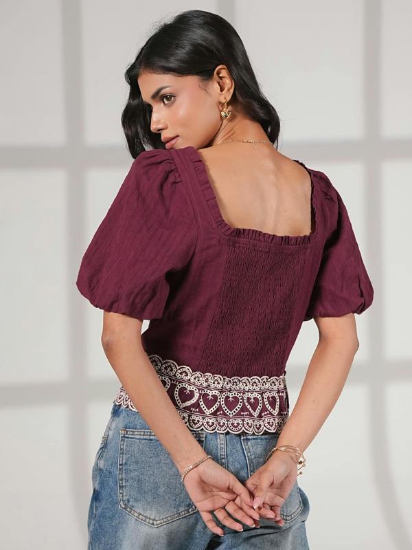 Rose & Nancy Harri Burgundy Heart Embroidery Short Sleeve Top