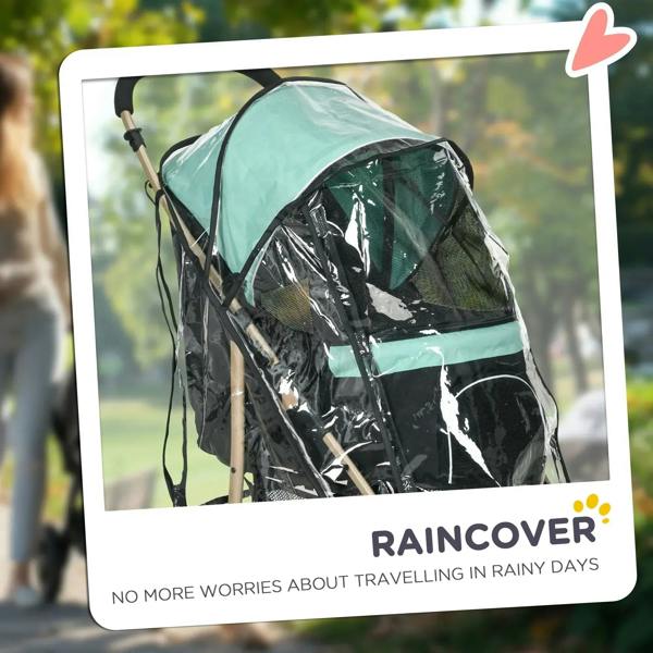 Green pet stroller with black frame and transparent rain cover over the canopy