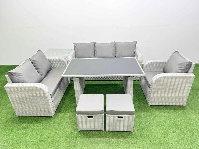 Fimous Rattan Outdoor Table Reclining Chair Sofa Set with Side Table 2 Small Stools Light Grey 8 Seater