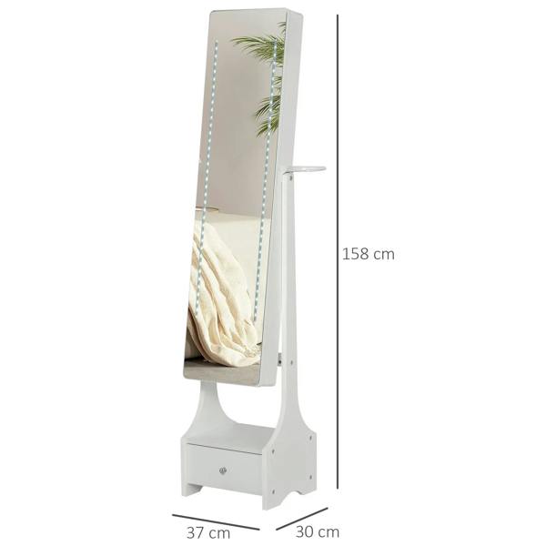 White full-length mirror with LED strip, side handle, and lower drawer storage base