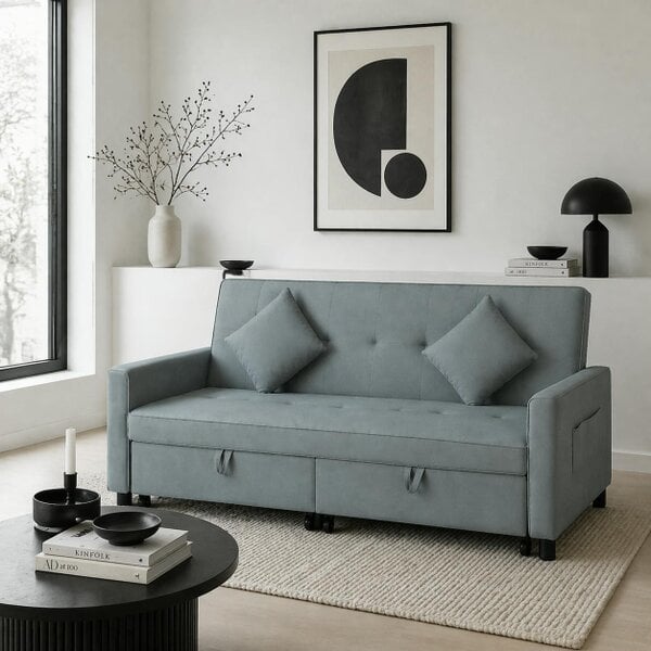 Wyld Haus Senosa Grey Upholstered 3 Seater Convertible Sofa Bed Tufted