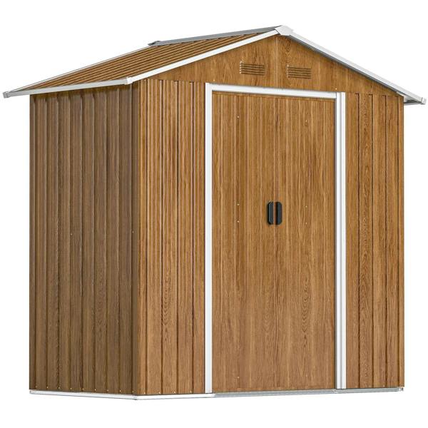 Brown wood-effect metal garden storage shed with front double doors and handle