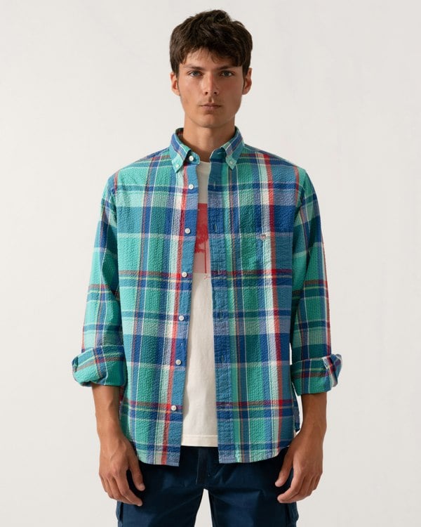 GANT Mens Regular Fit Seersucker Madras Shirt with Shield Logo 353 Tropic Blue