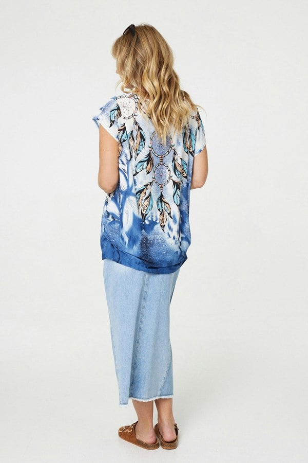 Navy | Embellished Feather Print Tunic Top