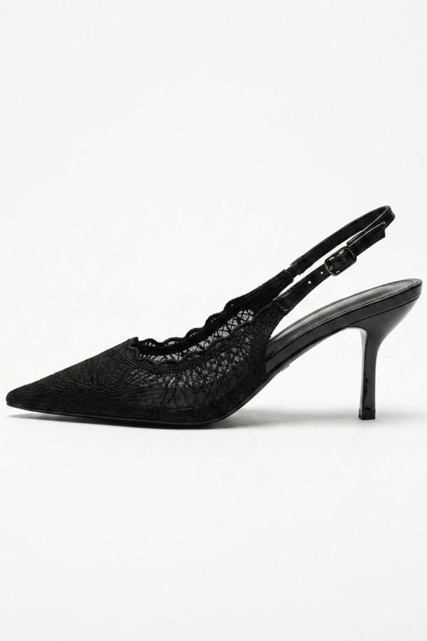 Saoirse Pointed Toe Lace Slingback Heels - Black