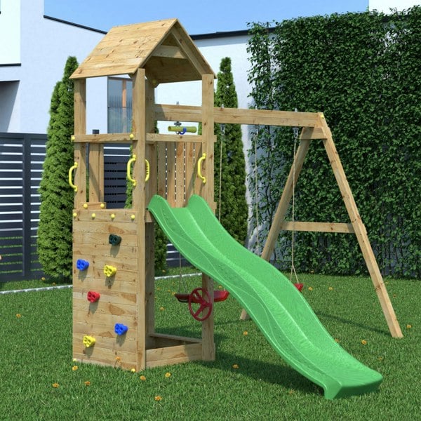 Climbing frame Sky High Hideout featuring double swing, slide and climbing wall - Best Shed