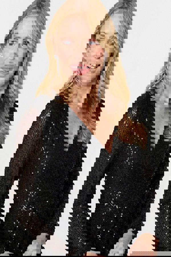 Black | Sequin Embellished Long Sleeve Peplum Top
