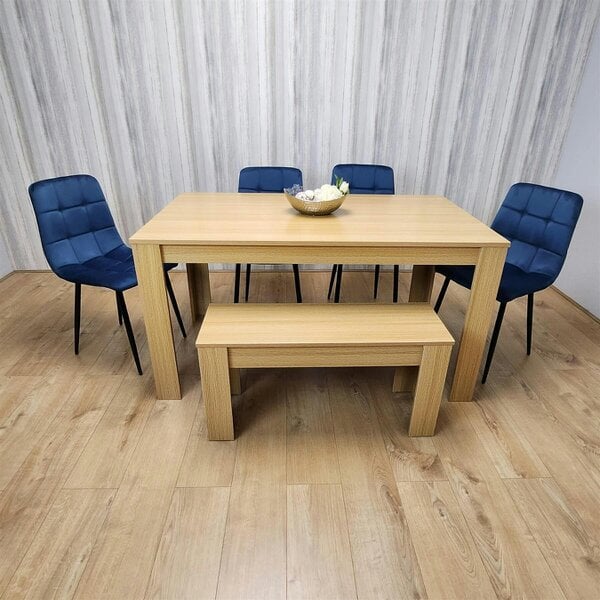 KOSY KOALA 6 Seater Modern Light Wood Dining Table Set with 4 Blue Velvet Chairs and Bench H75 x L140 x W80 cm