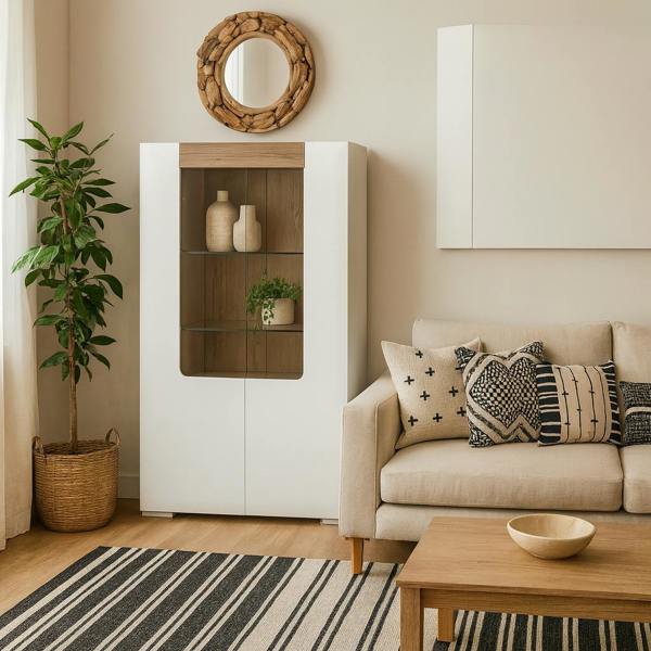 Wyld Haus Porto Low Gloss White Glazed Display Cabinet Oak Detail 2 Doors 3 Shelves