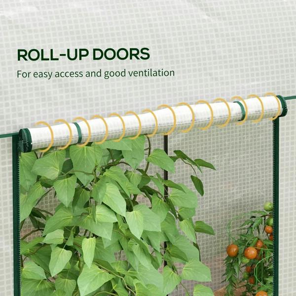 White greenhouse roll-up door on green rail, mesh side wall and roof panel