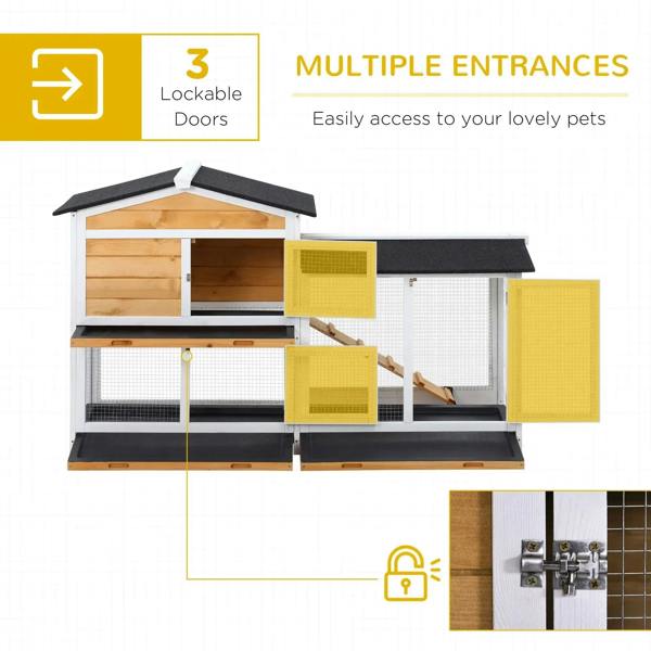 Wooden rabbit hutch with multiple access doors, house area, and wire-mesh compartments
