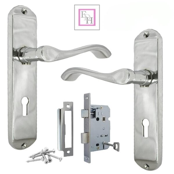 EDH Door Hardware Cadenza Victorian Scroll Door Handles Polished Chrome – Lever Latch, Bathroom Lock & 3 Lever Lock Sets