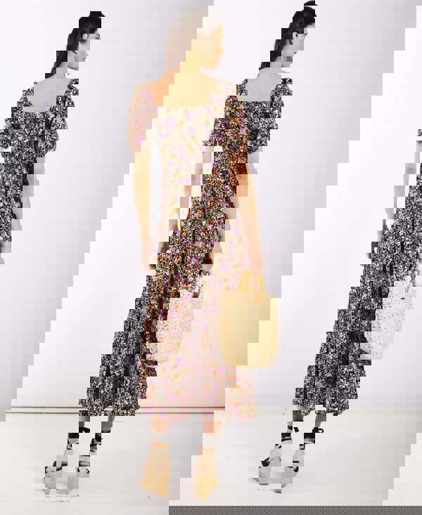 Purple Floral Sweetheart Neck Midi Dress Back