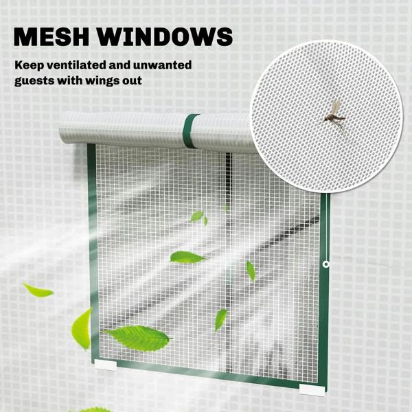 Mesh window vent with white netting and green frame on white PVC greenhouse cover