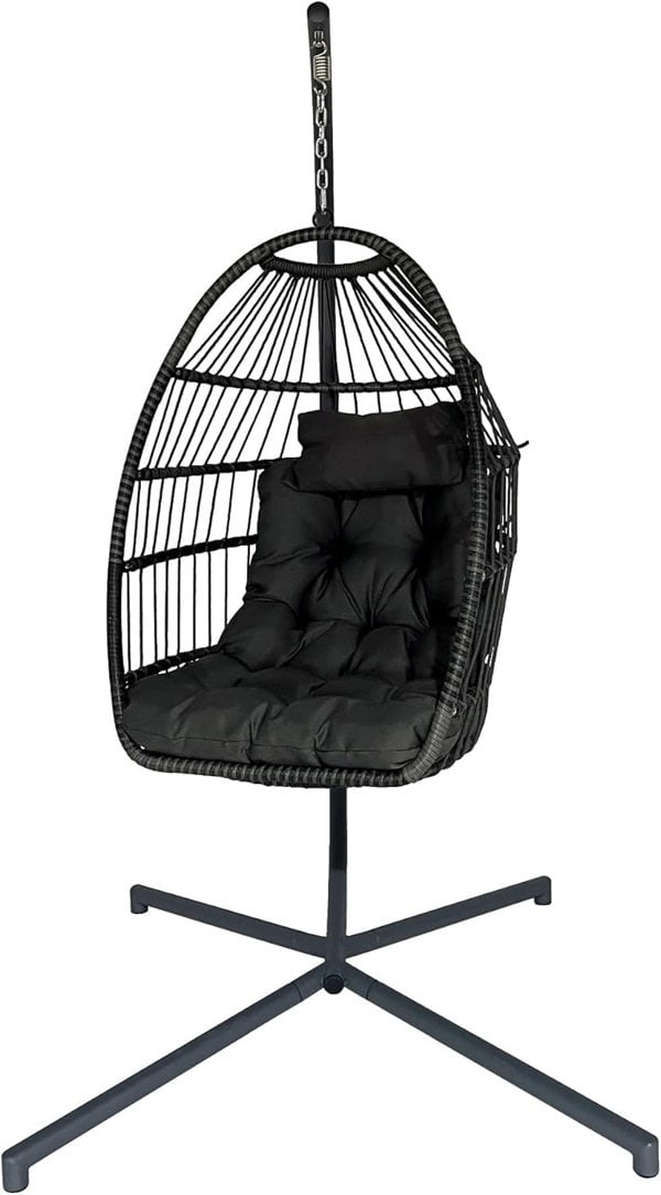 Furniture One Hanging Egg Chair, Patio Rattan Swing Egg Chair With Stand and Cushion, Garden Hammock Swing Chair - Gray