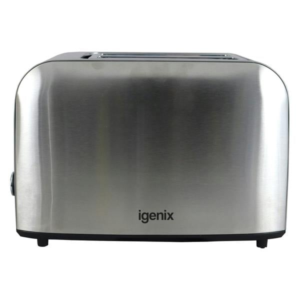 The Igenix 2 Slice Toaster (650W) with 6 browning levels, control dial, crumb tray, and cord storage features a sleek stainless steel design and wide slots for even toasting of different breads.