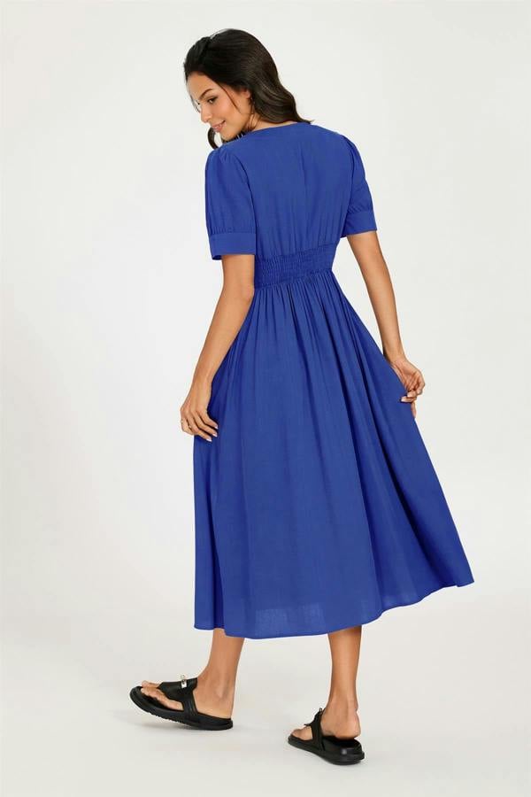 FS Collection Button Front Short Sleeve Midi Dress In Blue