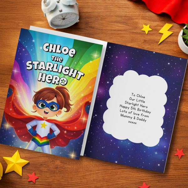 An overhead flat lay of the Personalised Starlight Hero Story Book for Girls from Abode Home & Gifts customised for Chloe, showing the front cover next to the open inside cover dedication page printed with a 5th birthday message from Mummy and Daddy, styled on a wooden desktop.