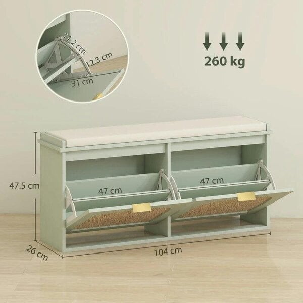 Boho Shoe Bench with Padded Seat and 2 Flip-Drawers - Light Green