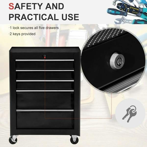 Black lockable tool storage cabinet with five drawers and caster wheels