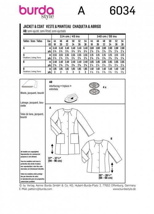 Burda Sewing Pattern 6034 Jackets and Coats For Women, 18-28 (44-54) - Intermediate
