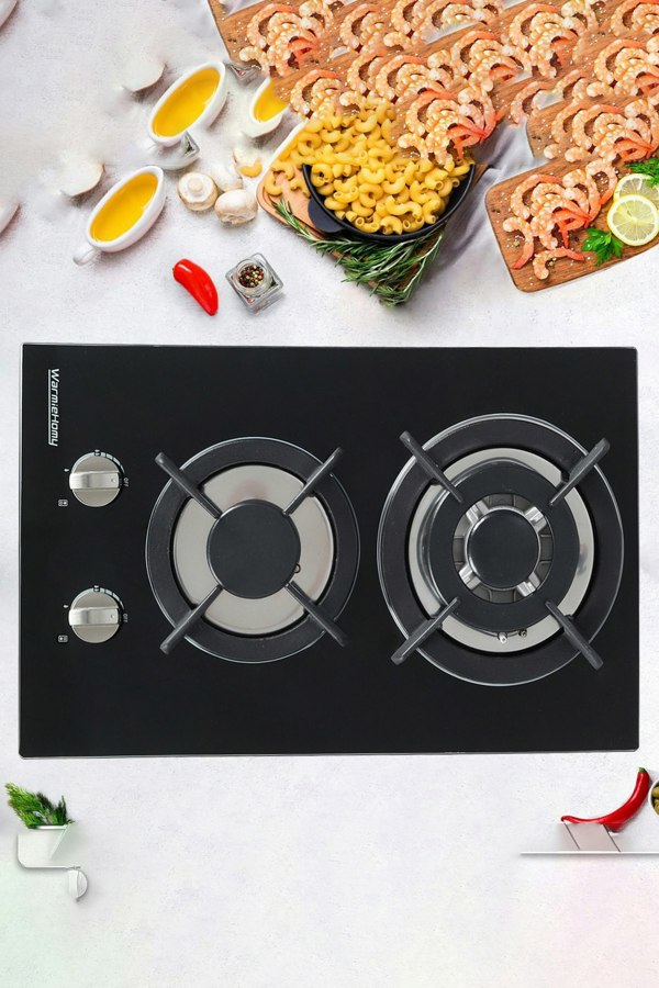 Living and Home 2-Burner Gas Stove Cooktop LPG Hob with Glass Top & Cast Iron Pan Stands（51 x 30 cm）