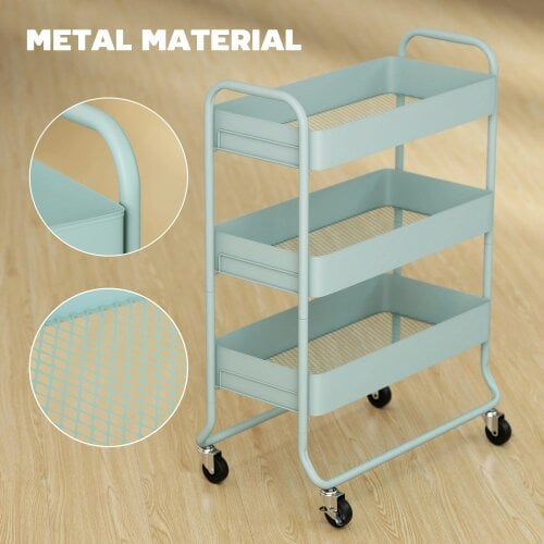 Wyld Haus Nokeyo Metal Light Green 3 Tier Rolling Utility Trolley With Mesh Baskets