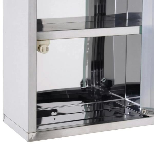 Inside view of medicine cabinet showing two glass shelves and shelf support hardware