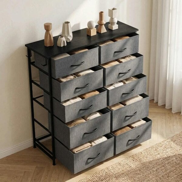 Chest of Drawers, Dresser with 10 Fabric Drawers, Tall Storage Unit with 4 Pockets and 2 Hooks Steel Frame, Grey
