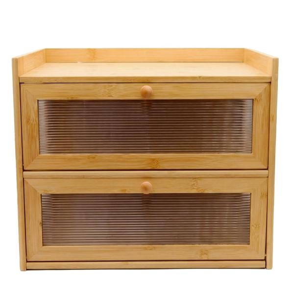 Maison des Cadeaux Large 2-Tier Bamboo Bread Bin with Fluted Windows
