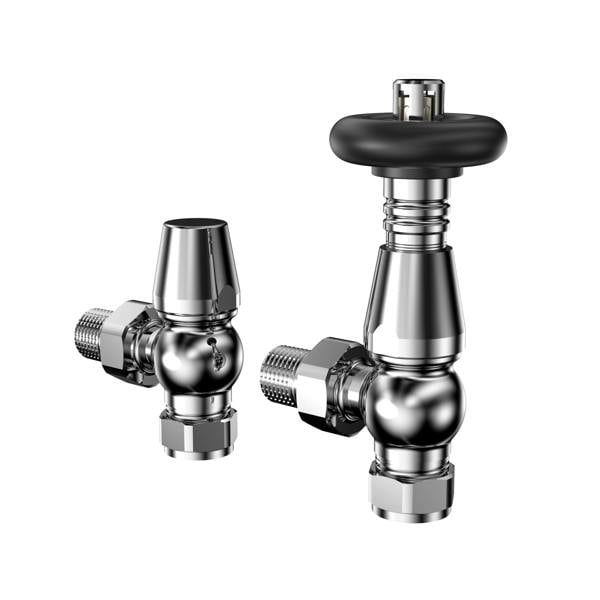 Shiny chrome radiator valves with a sleek design, featuring a round black handle and angular body for easy temperature control