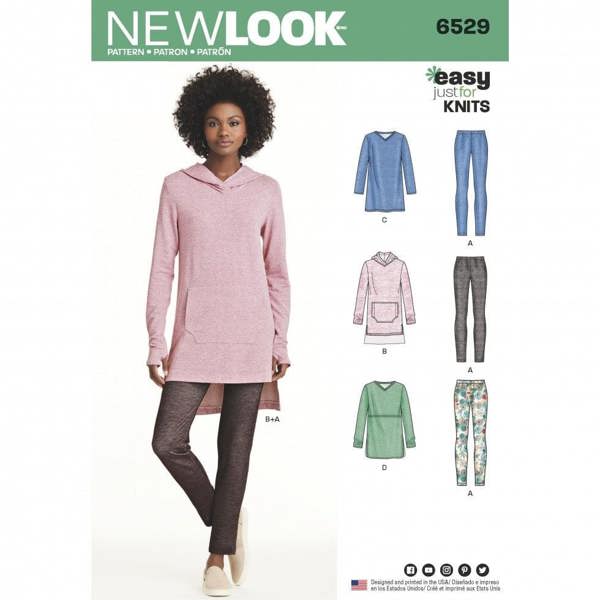 New Look Sewing Pattern 6529, Tops, Tunics, Hoodies, Leggings, Sweaters for Women, A (XS-S-M-L-XL) - Easy