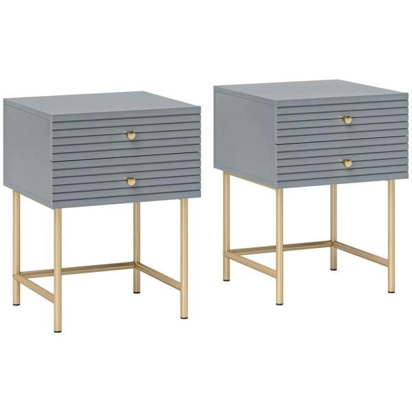 Set of two grey bedside tables with gold-tone legs, each with two drawers