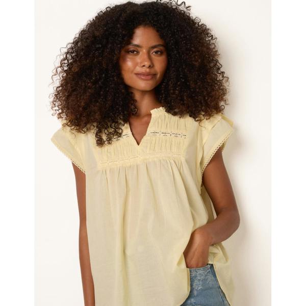Blue Vanilla Cotton Embroidery Detail Ruffle Sleeve Top