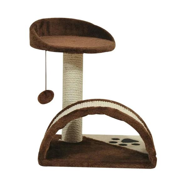 Brown cat tree scratching post with round perch, arched tunnel scratcher, and hanging ball