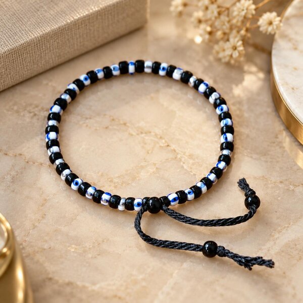 The Colourful Aura Adjustable Nylon Thread Black Beads Evil Eye Nazaria Bracelet for Kids and Babies