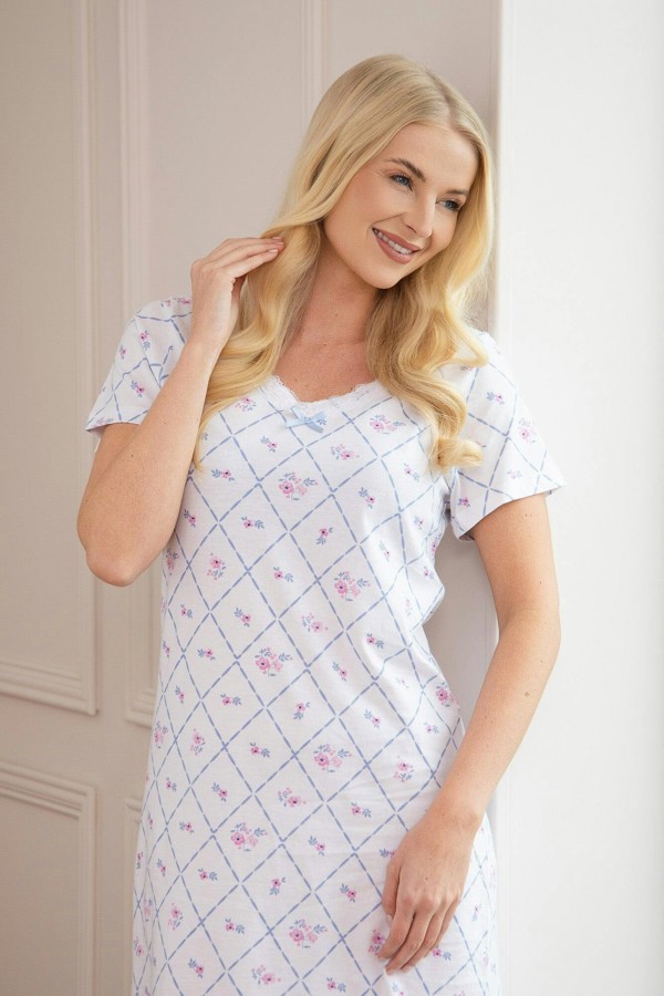 Camille Womens Soft Cotton Summer Nightdresses - floral diamond white