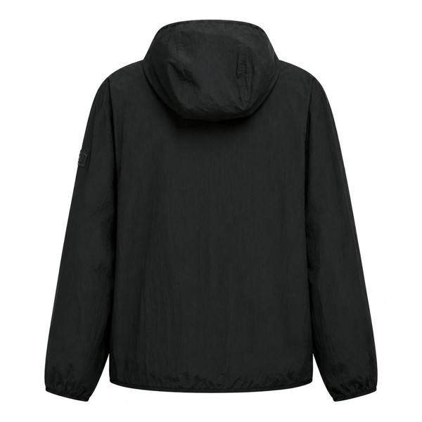 Back view of a black Barbour International Dalliston casual hooded jacket with a lightweight, crinkled fabric finish.