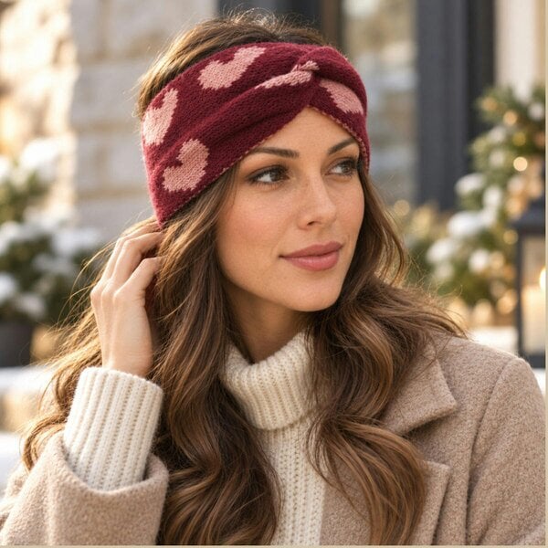 Love EMVY Heart Print Knitted Twist Headband - Red