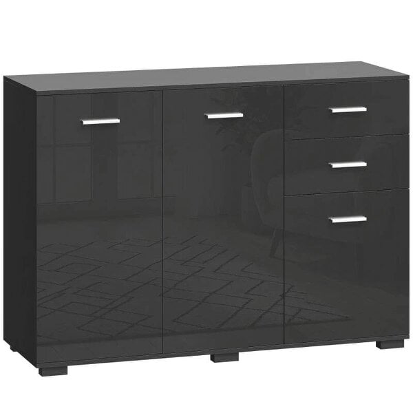 Sideboard, Modern Storage Cabinet with 2 Drawers, 3 Doors and Adjustable Shelves, High Gloss Black
