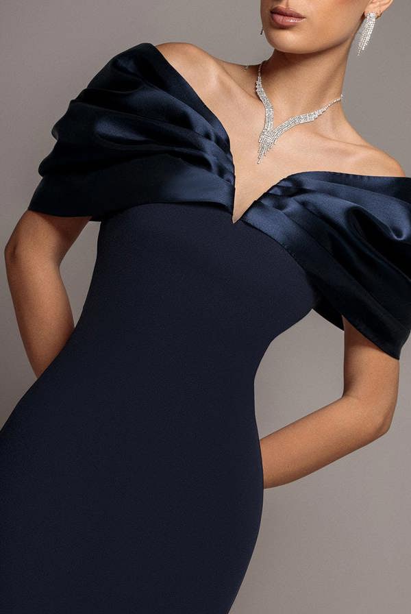 Satin Plunge Neck Bardot Scuba Maxi Dress - Navy Blue DR5040