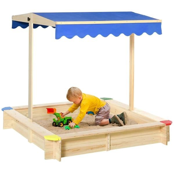 Kids wooden square sand pit with blue canopy and built-in bench seating