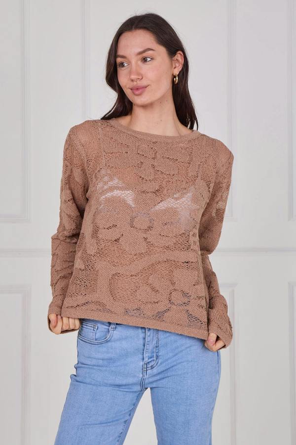 Model wearing a long sleeve crochet top with an open-knit pattern, styled with high-waisted jeans, featuring a relaxed fit and lightweight texture for casual everyday wear.
