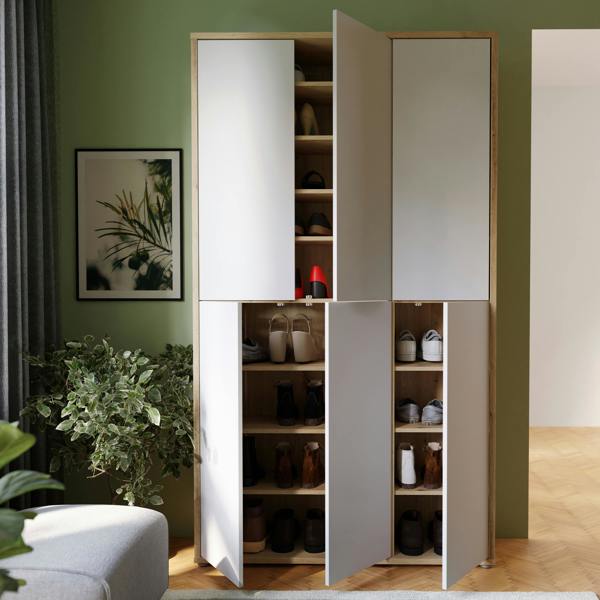 Furniture To Go Alice Springs Shoe cabinet with 6 Doors Push-to-Open in Artisan Oak and Light Grey Doors
