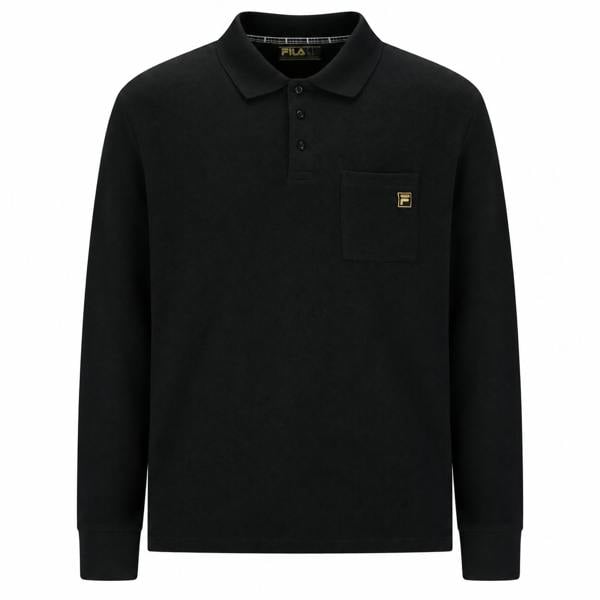 Black long-sleeve Fila polo shirt with a button placket, chest pocket, and gold Fila logo embroidery.