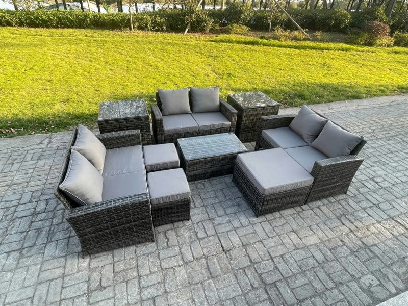 Fimous 9pc Rattan Sofa Garden Furniture Outdoor Patio Set with 2 Side Tables 3 Footstools Love Seat Sofa Dark Grey Mixed