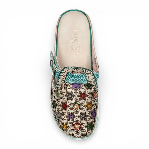 Laura Vita Dorry 01 - Women’s Floral Blue Leather Wedge Slipper